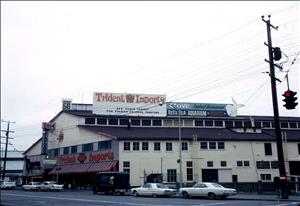 A large wooden building with a few cars parked outside. The sign on top says Trident Worldwide Imports. There is a striped awning over the sidewalk and a sign that says cove seafood. 